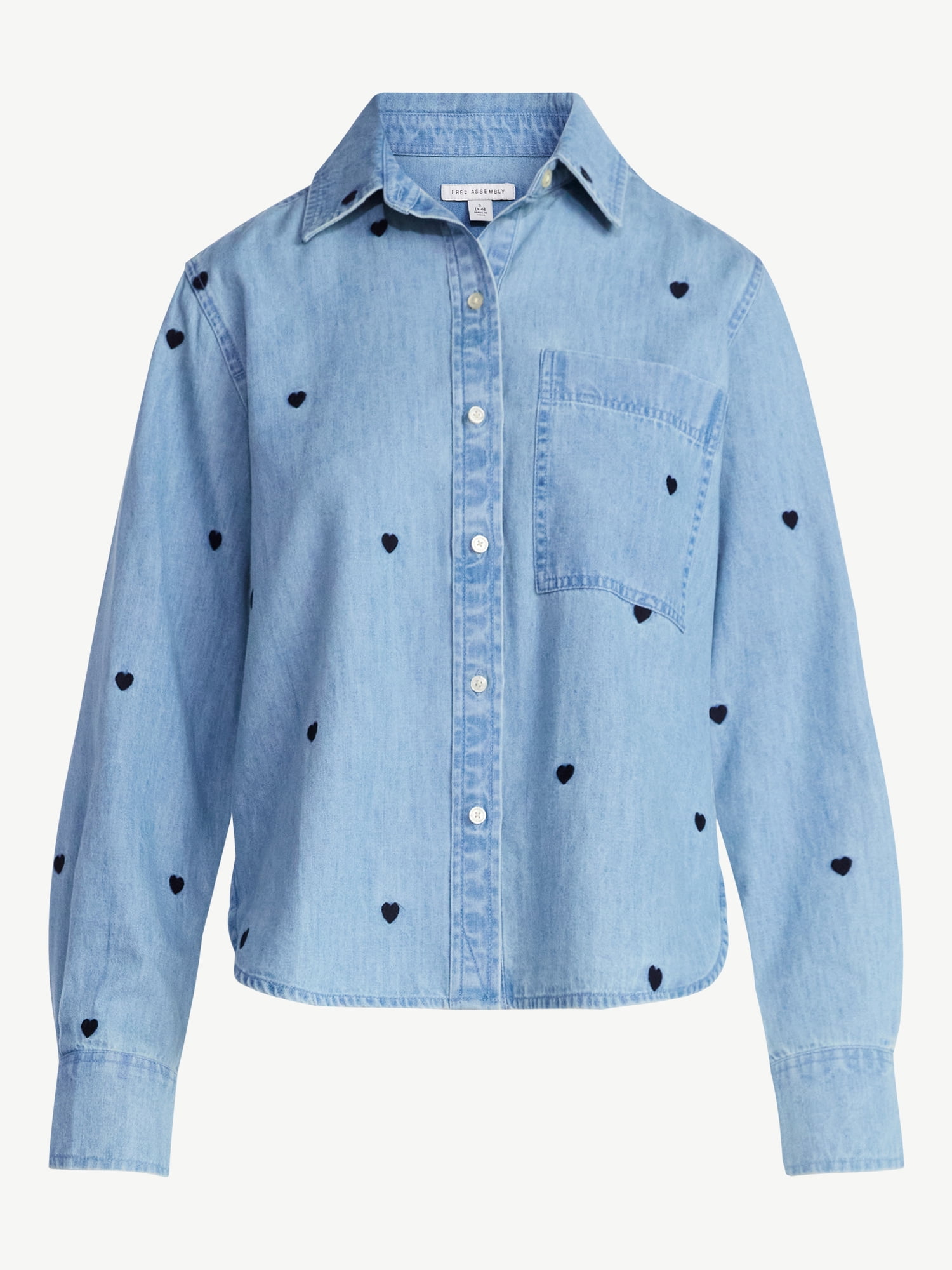Free Assembly Women's and Women’s Plus Embroidered Hearts Denim Shirt with Long Sleeves, Sizes XS-4X