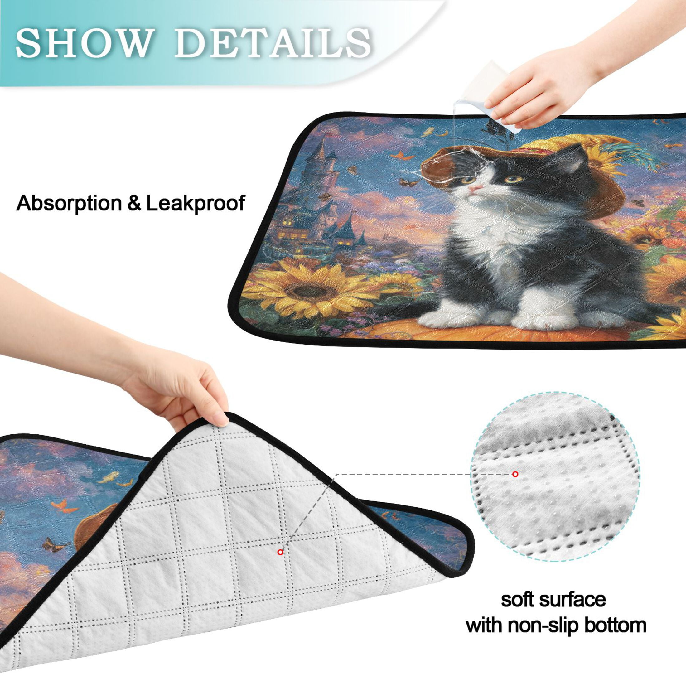 Qxltty Sunflower Black Cat Cat litter Pads Pet Set of 3 Diaper Mats Center Anti-leakage Layer Absorbent Soft and Comfortable