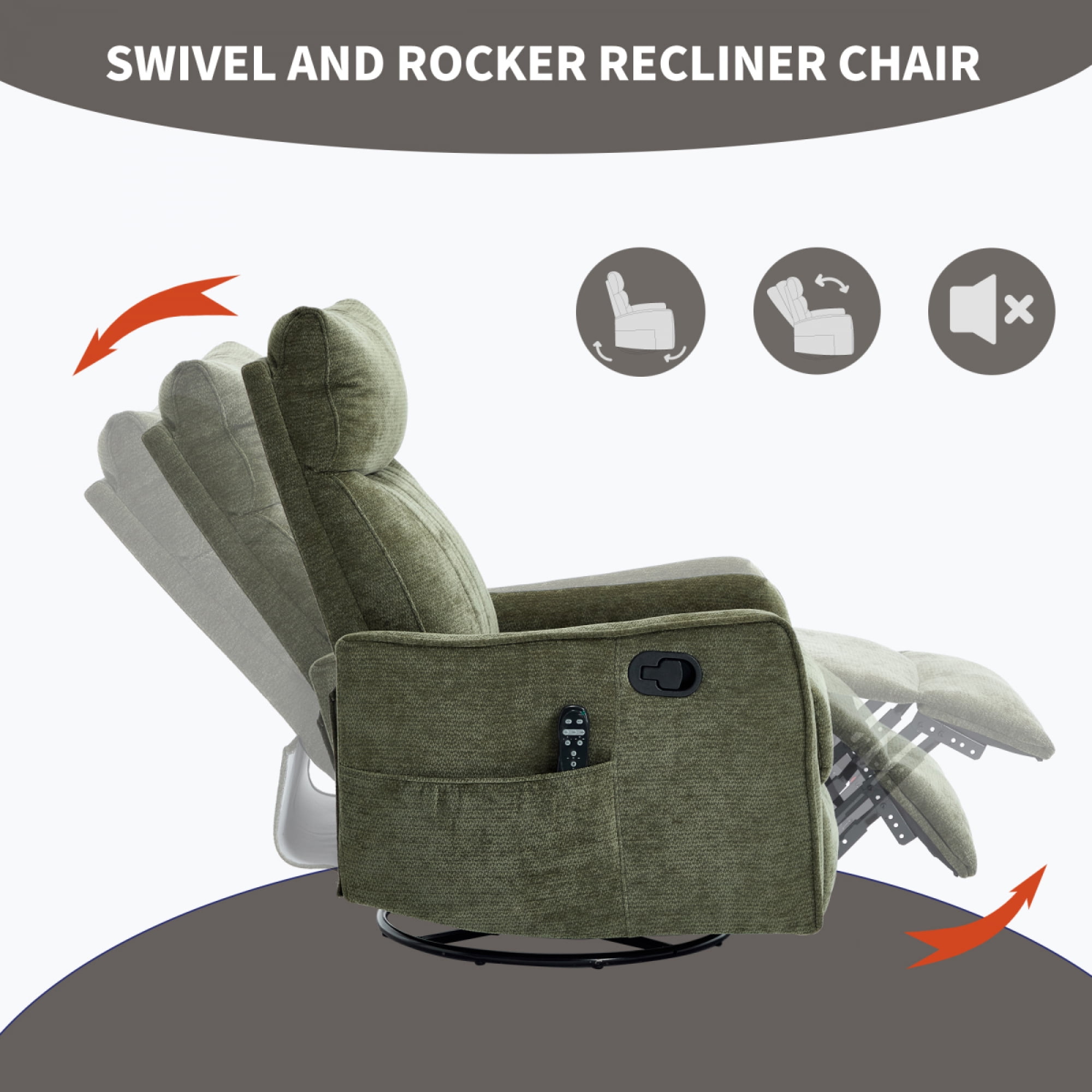 360 Swivel Rocking Recliner Chair for Adults, Nursery Rocking Chair with Heat and Massage, Glider Reclining Chair for Small Space, Living Room, Bedroom (Chenille, Green)