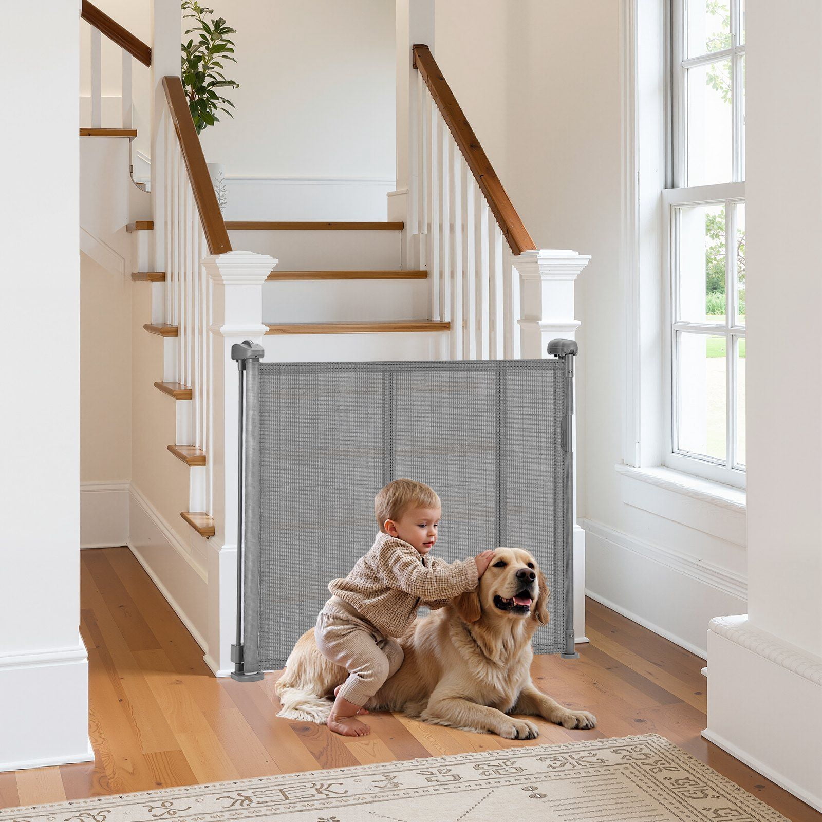 Retractable Baby & Pet Gate - 34 Inches High, Extends to 71 Inches Wide, Gray (Durable, Space-Saving Design)