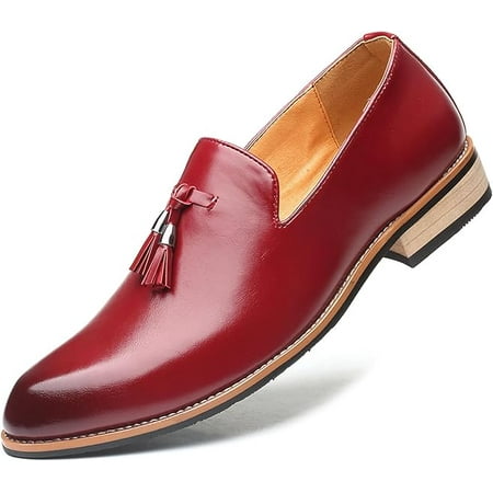 Men s Leather Slip On Tassel Loafers Classic Casual Non-Slip Low Heel Dress Shoes Formal Business Work Wedding Penny Loafers