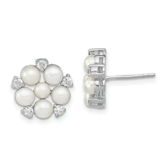 Primal Silver Sterling Silver Rhodium-plated 3-5mm White Button Freshwater Cultured Pearl Cubic Zirconia Post Earrings