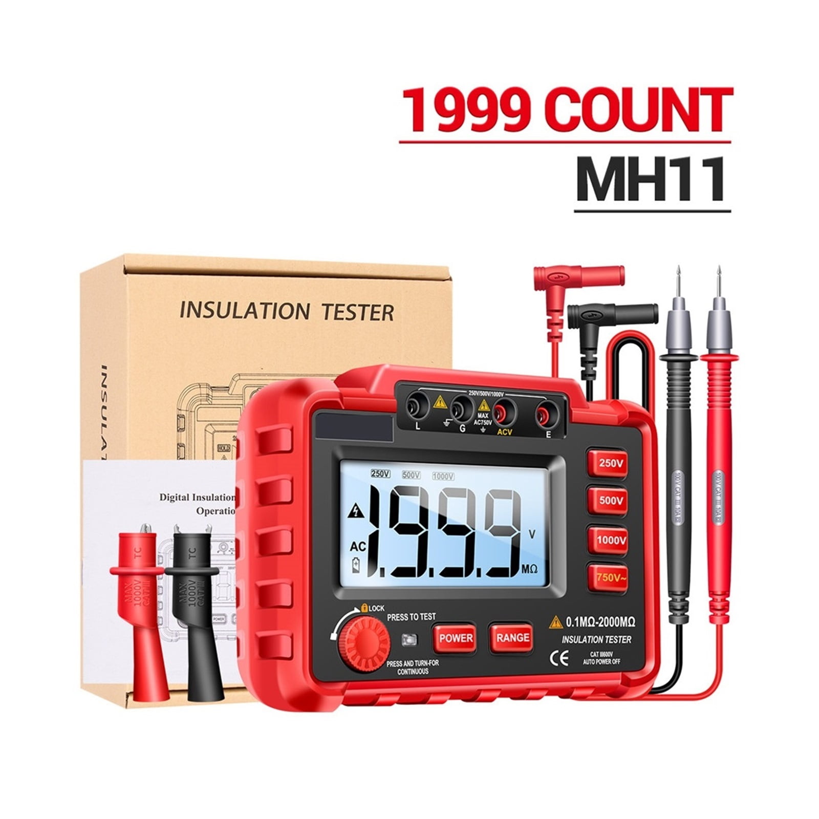 MH11 Insulation Resistance 2000M Testers Digital Meters Ohm High Voltage Megohmmeter Meter Non-battery Carry Tools