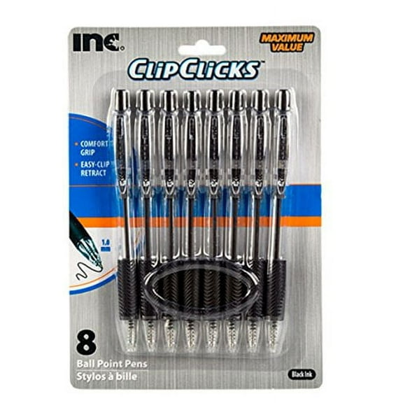 Clip Click Retractable Ball Point Pens with Comfort Grip, Medium Point, 1.0 mm, Black Ink, 8 Count