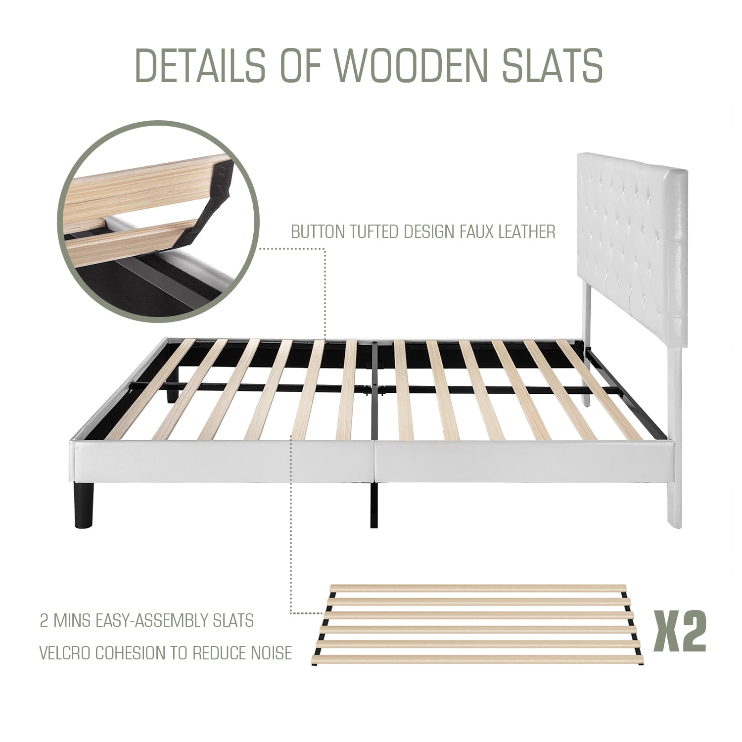 Sha Cerlin White Full Size Platform Bed Frame with Adjustable Leather Tufted Headboard, Mattress Foundation