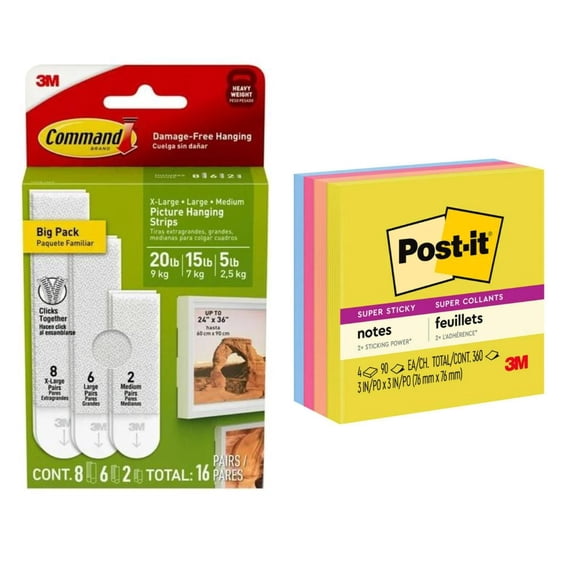 Command and Post-it Student Bundle: Command Picture Hangers, Variety Pack, 16 Pairs of Strips, Post-it Super Sticky Notes, 3 in x 3 in, Summer Joy Colors, 4 Pads