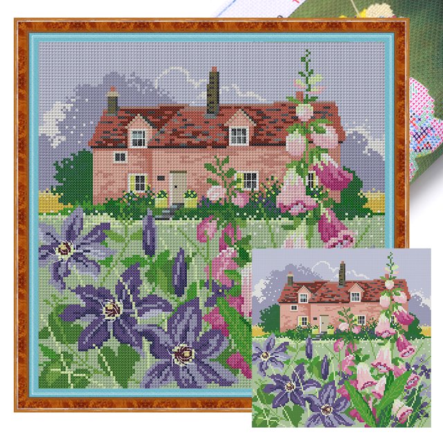 Kit Punto Cruz Primavera Impreso Hilo Algodón Ecológico Bordado 14CT 33x33cm