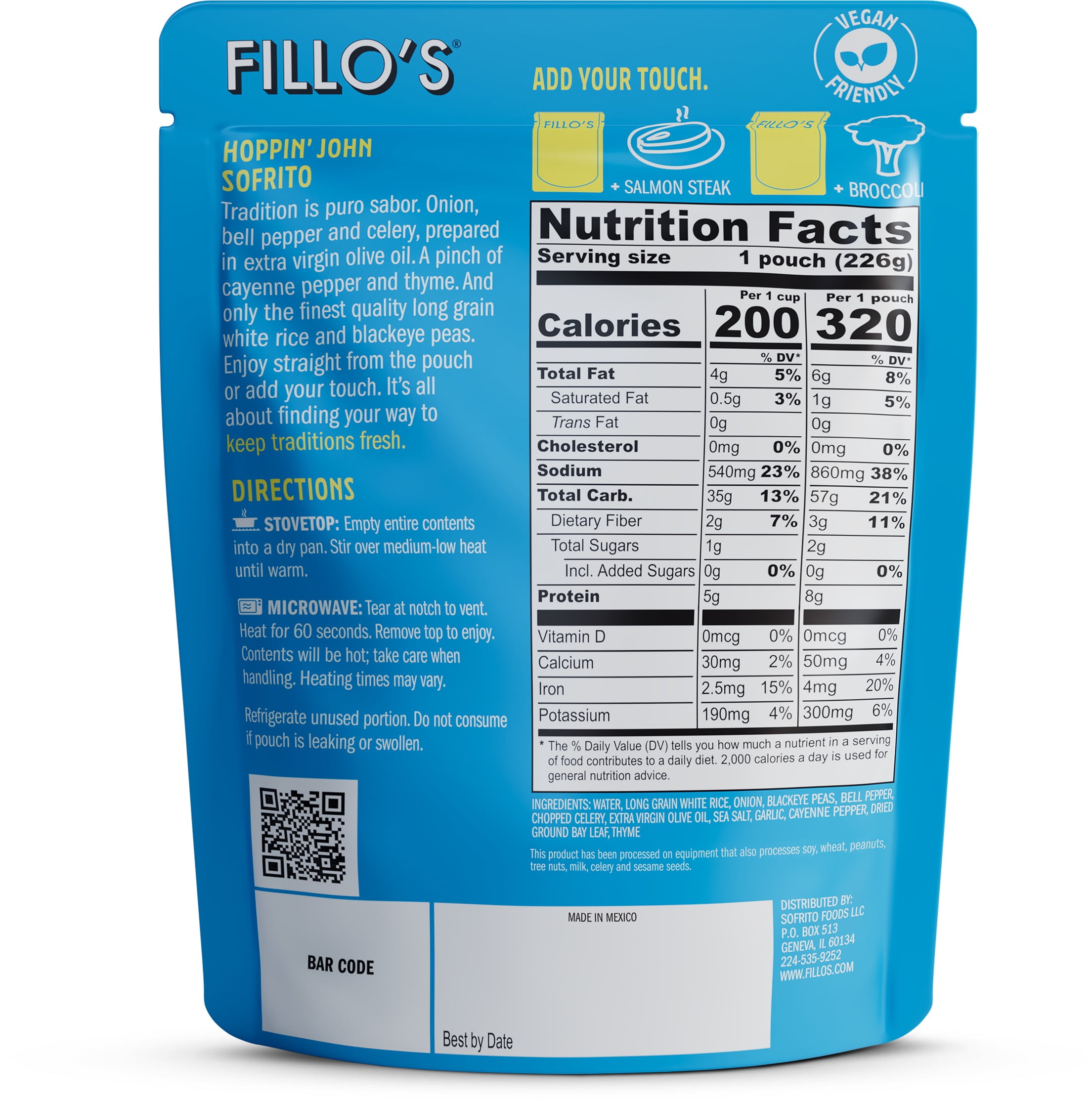 FILLO'S Hoppin' John Carolina Peas & Rice Packaged Meals, 8 oz, 6 Count (Shelf-Stable)