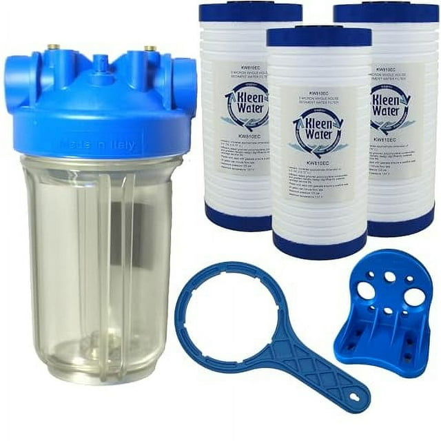 KleenWater Premier Whole House Water Filter System, Transparent Housing, Three Dirt Rust Sediment Cartridges, 1 Inch Inlet/Outlet