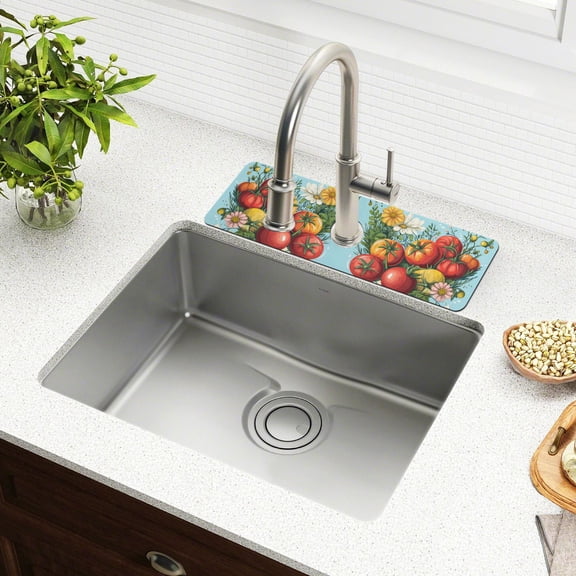 Yayeee Faucet Mat for Kitchen Sink 14.7" Diatomite Long Splash Guard Pad, Orange Floral Tomatoes