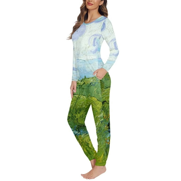 Suhoaziia Pajama Sets for Women Soft Polyester Lightweight Outfits Set of 2 Stretchy  Sleep Set Size 6XL,Van Gogh Green Wheat Fields Lightweight Indoor Fashion  Sweatsuit Fall Clothing 