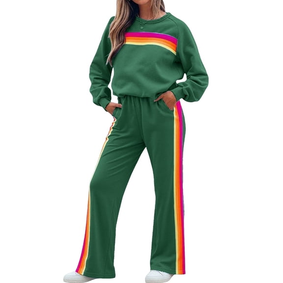 Yokua Women's 2 Piece Lounge Outfit Rainbow Striped Sweatshirt High Waist Sweatpants Workout Set Travel Track Suit