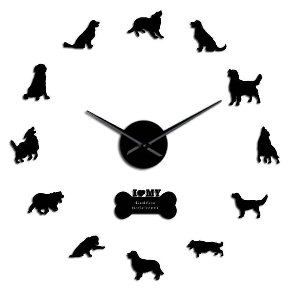 Golden Retriever Dog Silent Quartz DIY Wall Clock Retriever Canine Puppy Pet Self Adhesive Clock Watch Fashion Home Decoration(Black,27inch)