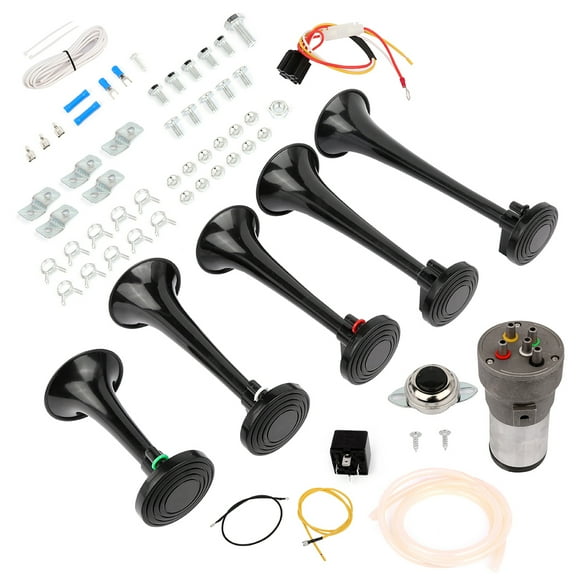 5 Trumpet Musical Horns with Compressor Silver Air Hornfor Any 12V Vehicles Trucks Lorrys Trains Boats Cars Vans Kit, Dixie Musical Air Hornfor Vehicles, Electric Trains Horns Super Loud