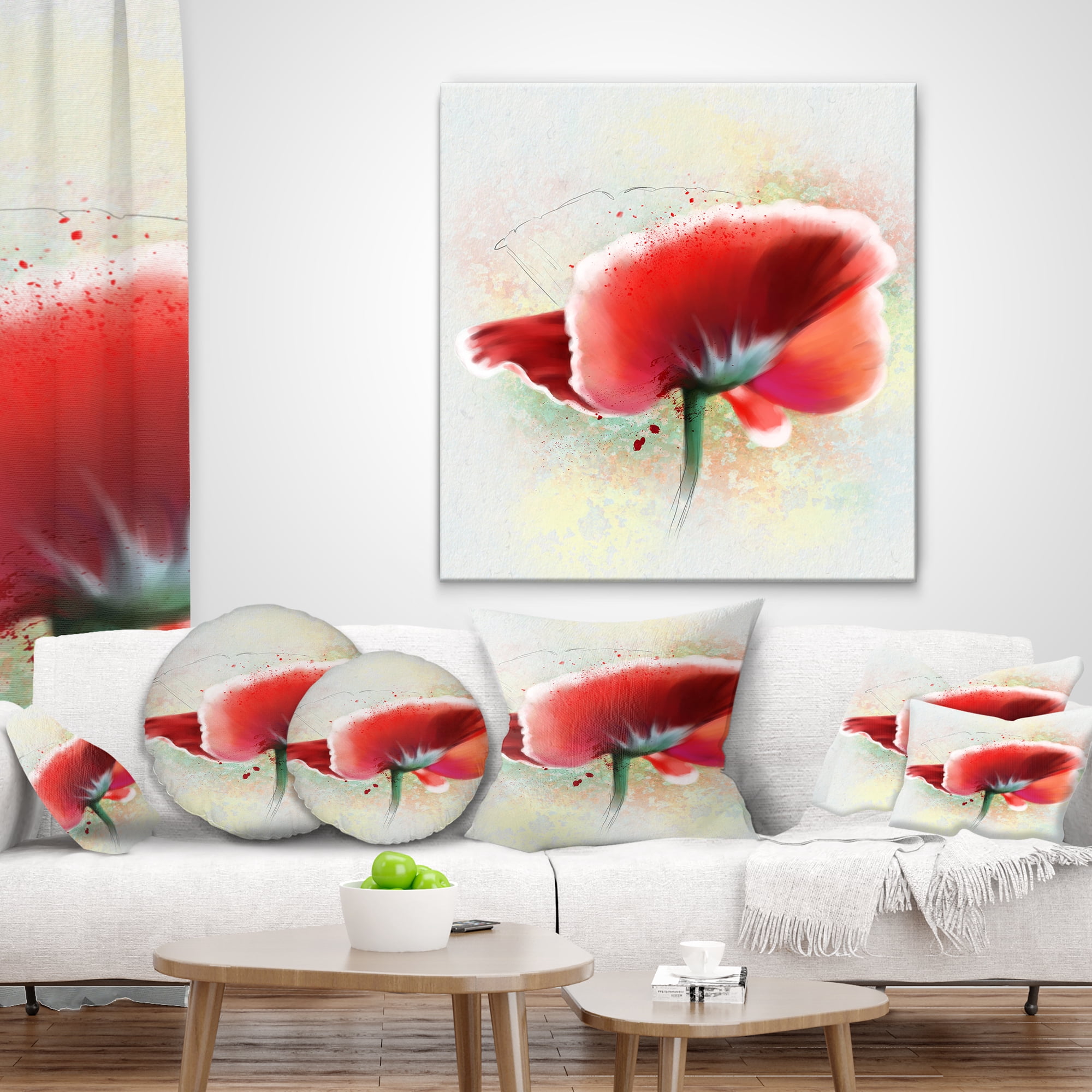 Designart Beautiful Red Watercolor Poppy - Flowers Throw Pillowwork - 18x18