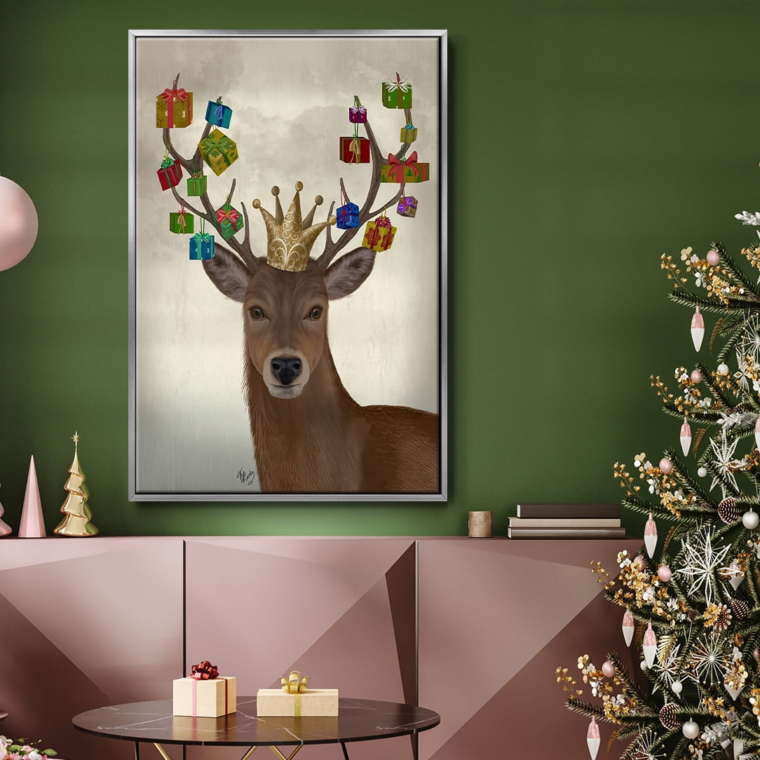 Christmas Gift Bearing Deer - Framed Gallery Wrapped Holiday Canvas - 27 x 41 - Silver Frame