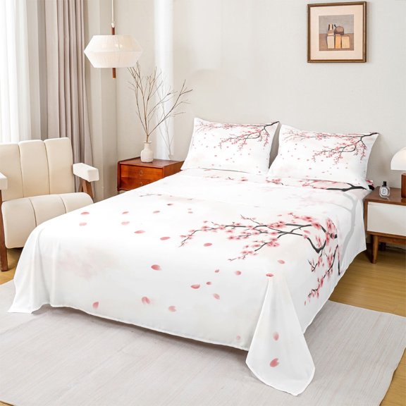 Manfei Cherry Blossom Twin Sheet Sets,Japanese Style Twin Fitted Sheet,Pink Sakura Flat Sheet For Girls Kids,Ultra Soft Home Decor,3-Piece