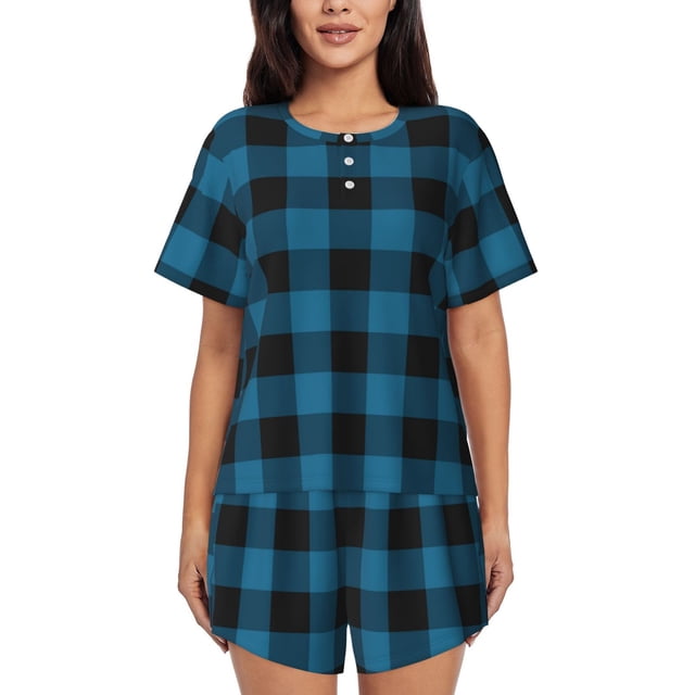 Balery Blue Black Plaid Conjunto de Pijama para Mujer con Estampado, Dos Piezas de Manga Corta y Shorts, Ropa de Dormir Suave con Cuello Redondo y Bolsillos-Small