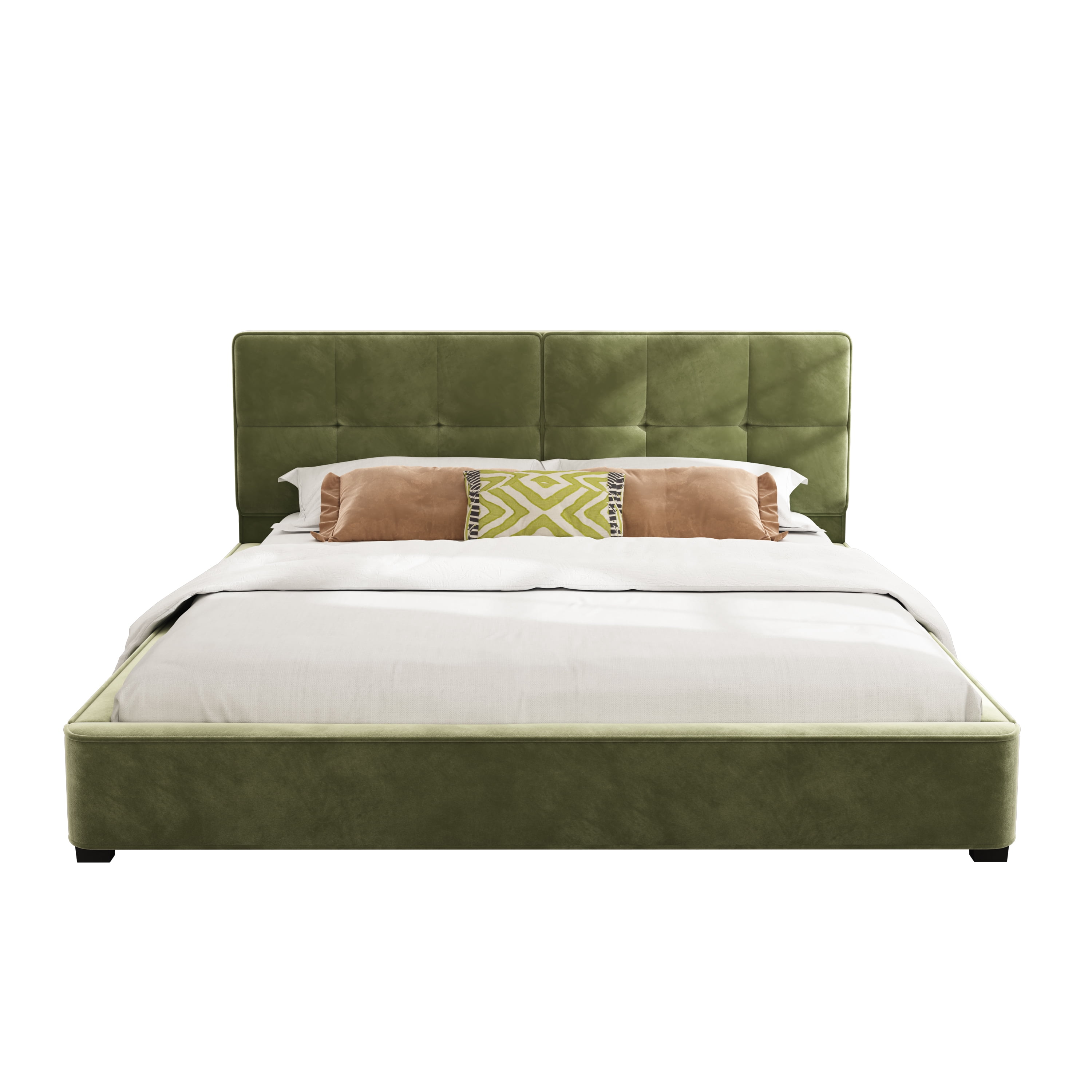 King Size Velvet Upholstered Bed Frame, Platform Bed with Curved Tufted Headboard & Soft Square Corners for Bedroom, Olive Green