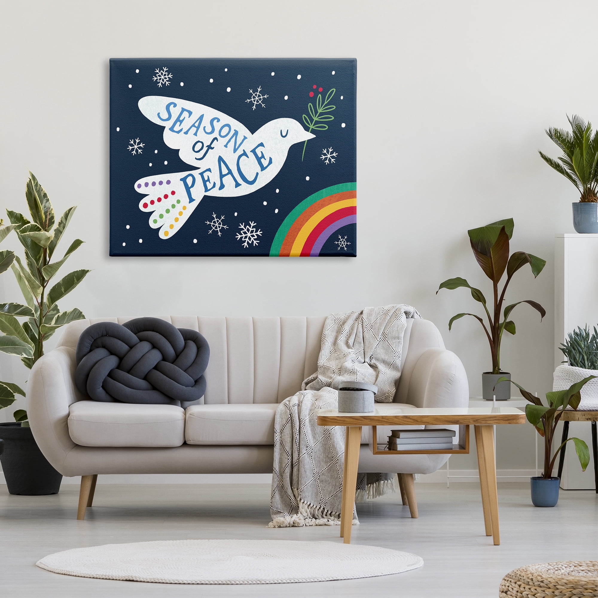 Stupell Industries Season of Peace Phrase White Dove over Rainbow Animals & Insects Painting Gallery Wrapped Canvas Print Wall Art, 36 x 48