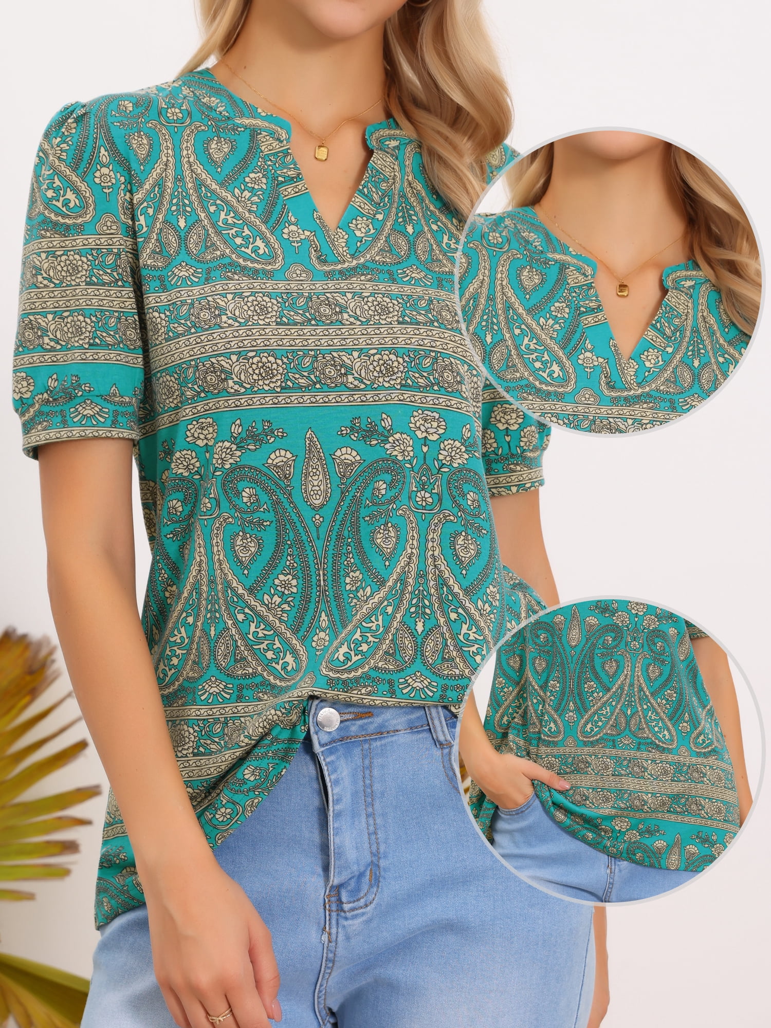 DARING DIVA Women's Boho Short Sleeve Floral Blouse Casual V Neck Shirts S Blue