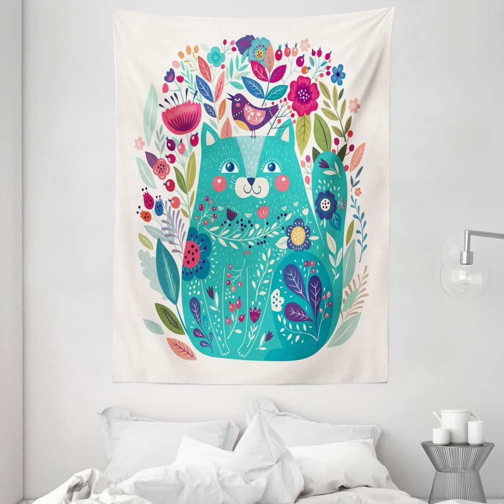Cat Tapestry, Cute Kitty Surrounded by Birds Flowers Ladybugs