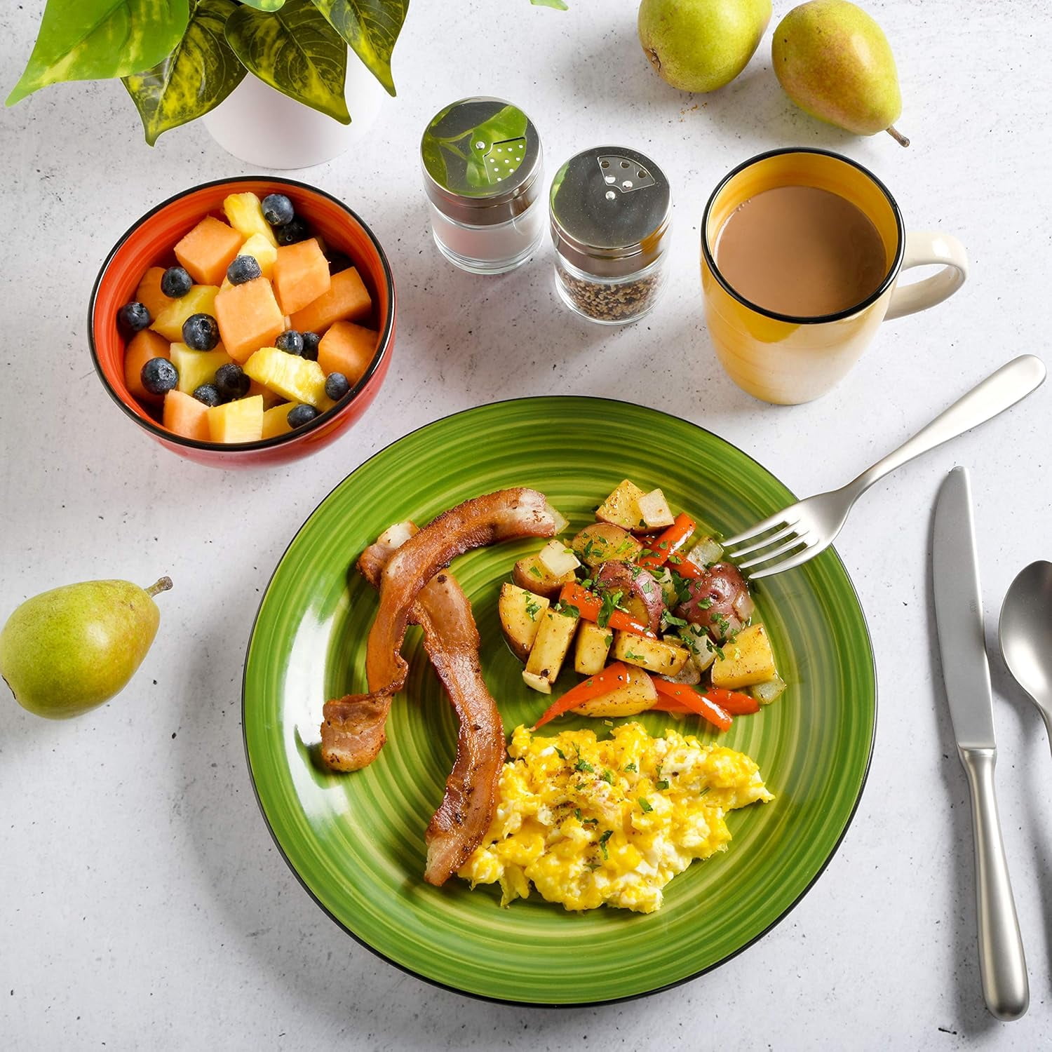 Gibson Home Color Vibes 12-Piece Hand-Painted Stoneware Dinnerware Set – Vibrant and Unique Tableware for Everyday Dining or Entertaining Guests