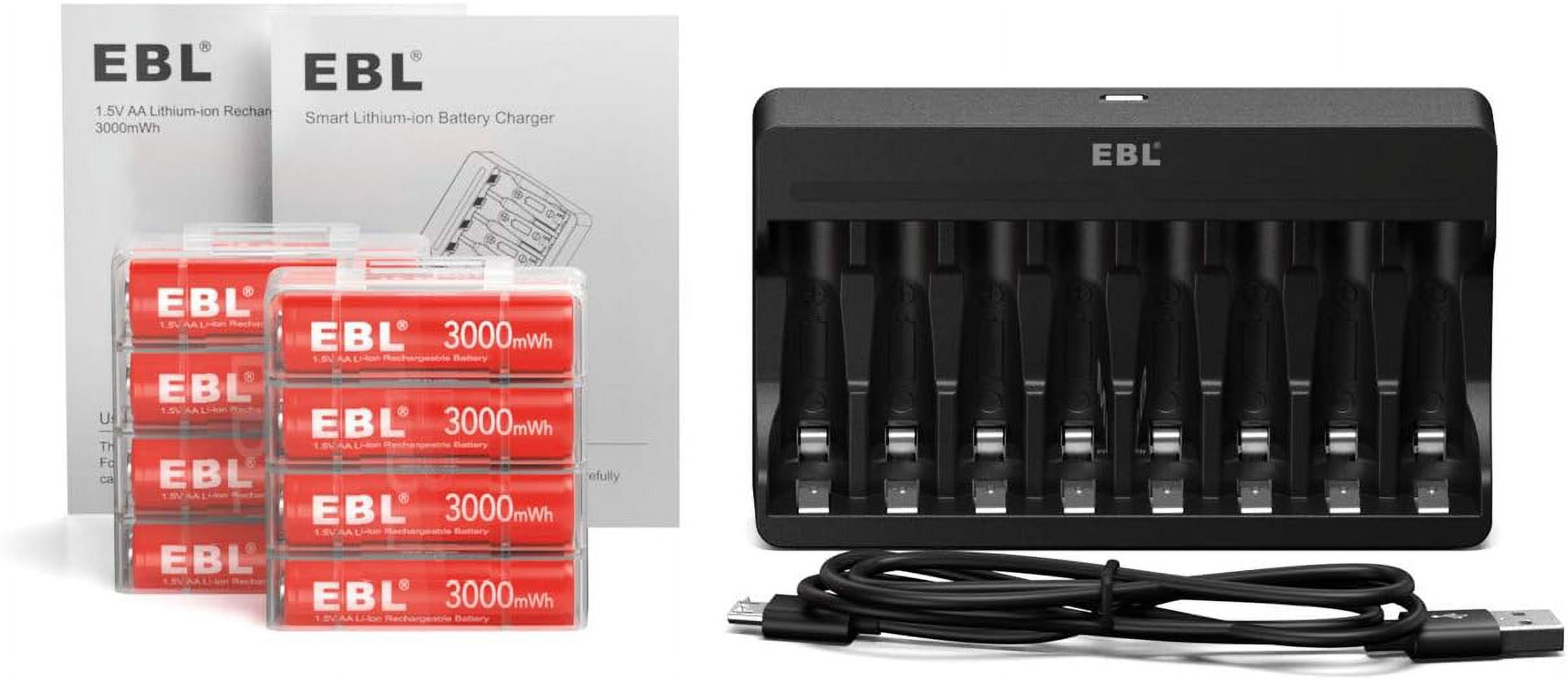 EBL Rechargeable Lithium AA Battery with Smart Battery Charger for Rechargeable Lithium Batteries (Charger+Batteries 8 Pack)