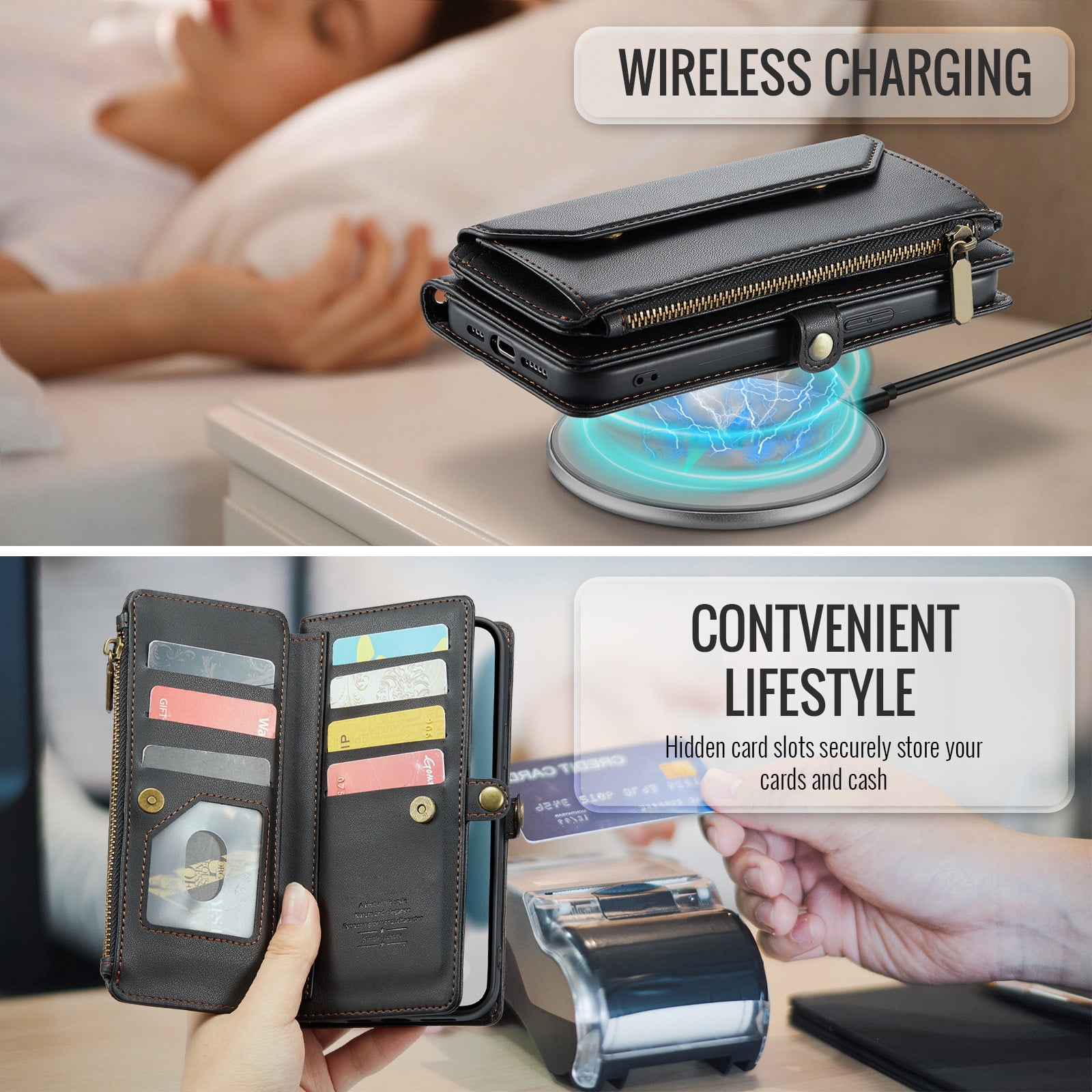 Compatible with iPhone 15 Pro Max 6.7 inch Zipper Wallet Phone Case Tempered Glass Screen Protector Crossbody Lanyard Strap Flip Card Holder Slot Cell Cover for i Phone15 15Pro i15 ProMax Women Black