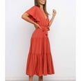 thumbnail image 3 of Fesfesfes Spring Dresses for Women Casual Solid Color V-neck Boho Dress Waist Lace-up Flared Short Sleeve Ruffle Splicing Part Dress, 3 of 6