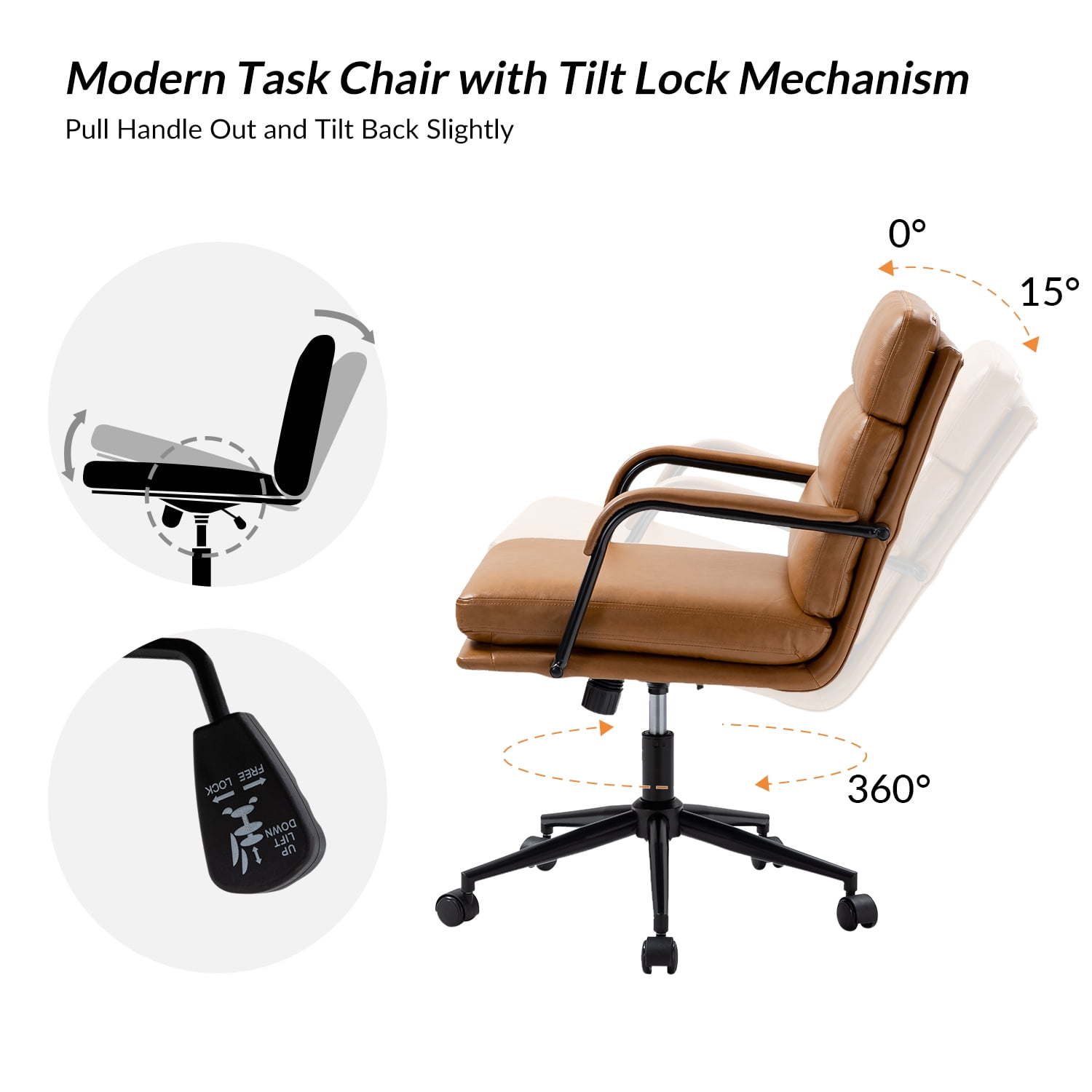 Ergonomic Office Chair Faux Leather Desk Chair Executive Swivel with High Back and Padded Cushion Camel
