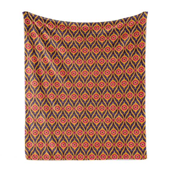 Abstract Soft Flannel Fleece Blanket, Oriental Inspired Colorful Tones Quirky Ornamental Motif Old Time Ornaments, Cozy Plush for Indoor and Outdoor Use, 70" x 90", Orange and Purple, by Ambesonne