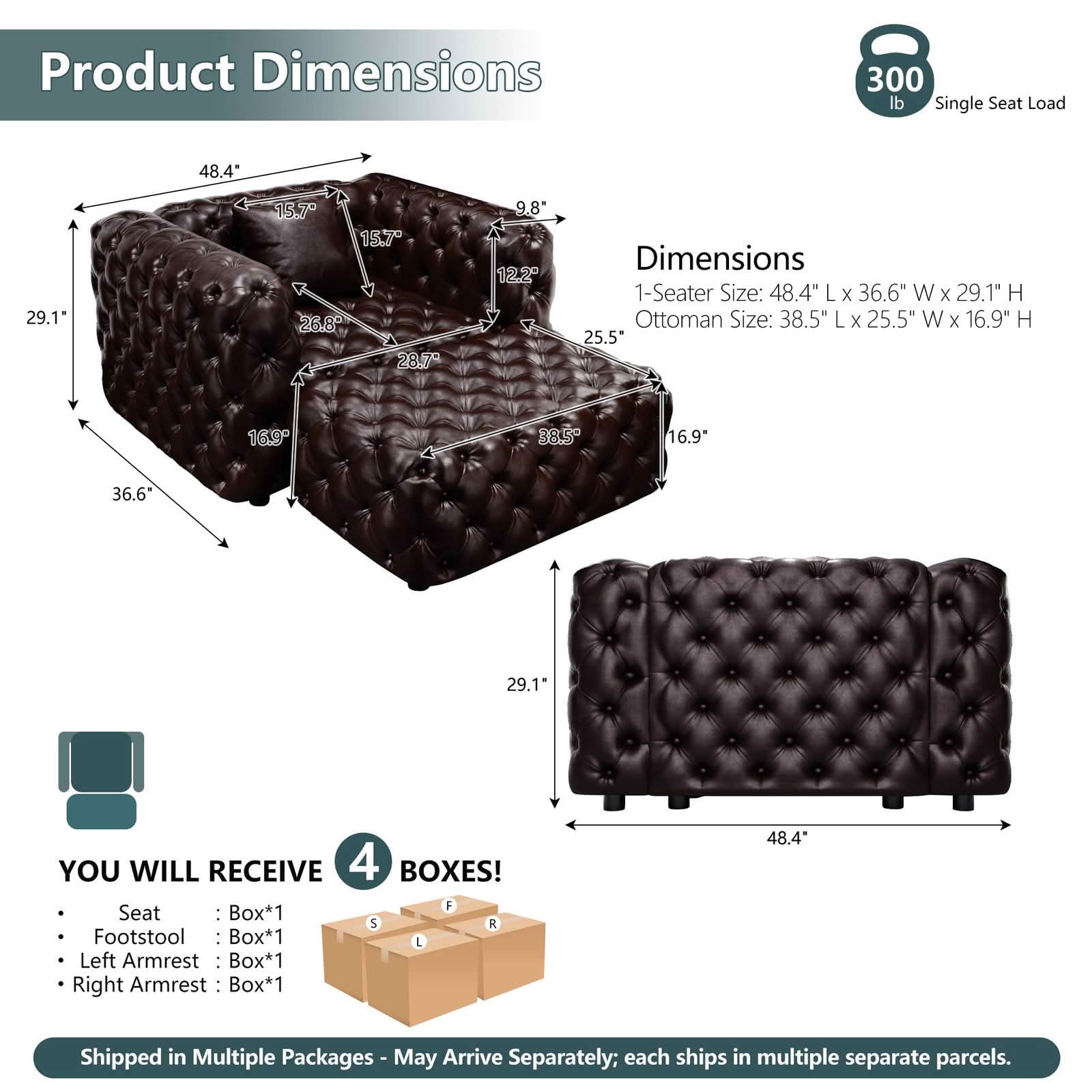 MAYEERTY Faux‑Leather Single‑Seat Modular Sofa Set, Handcrafted Button Tufted Couch with Ottoman & 1 Pillow, Multi‑Layout for Living Room Apartment