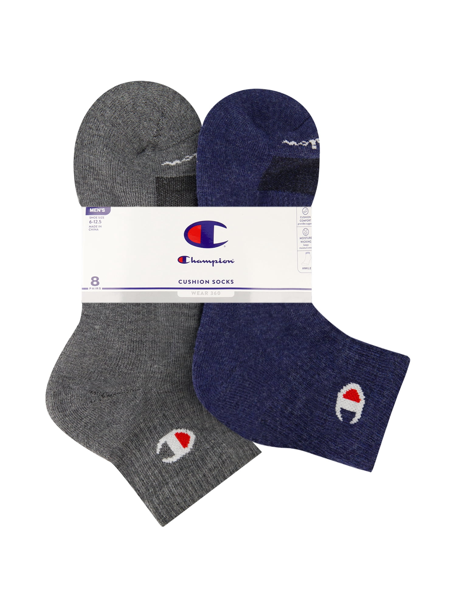 Champion Men’s Ankle Socks 8 Pack – Half Terry Cushion, Moisture-Wicking, Arch Support, Stretch Comfort, Sizes 6–12.5