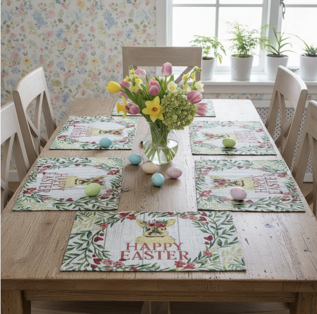 Serafina Home Placemats Happy Easter Bunny Yellow Polyester Rectangular Set of 6 13" x 19"