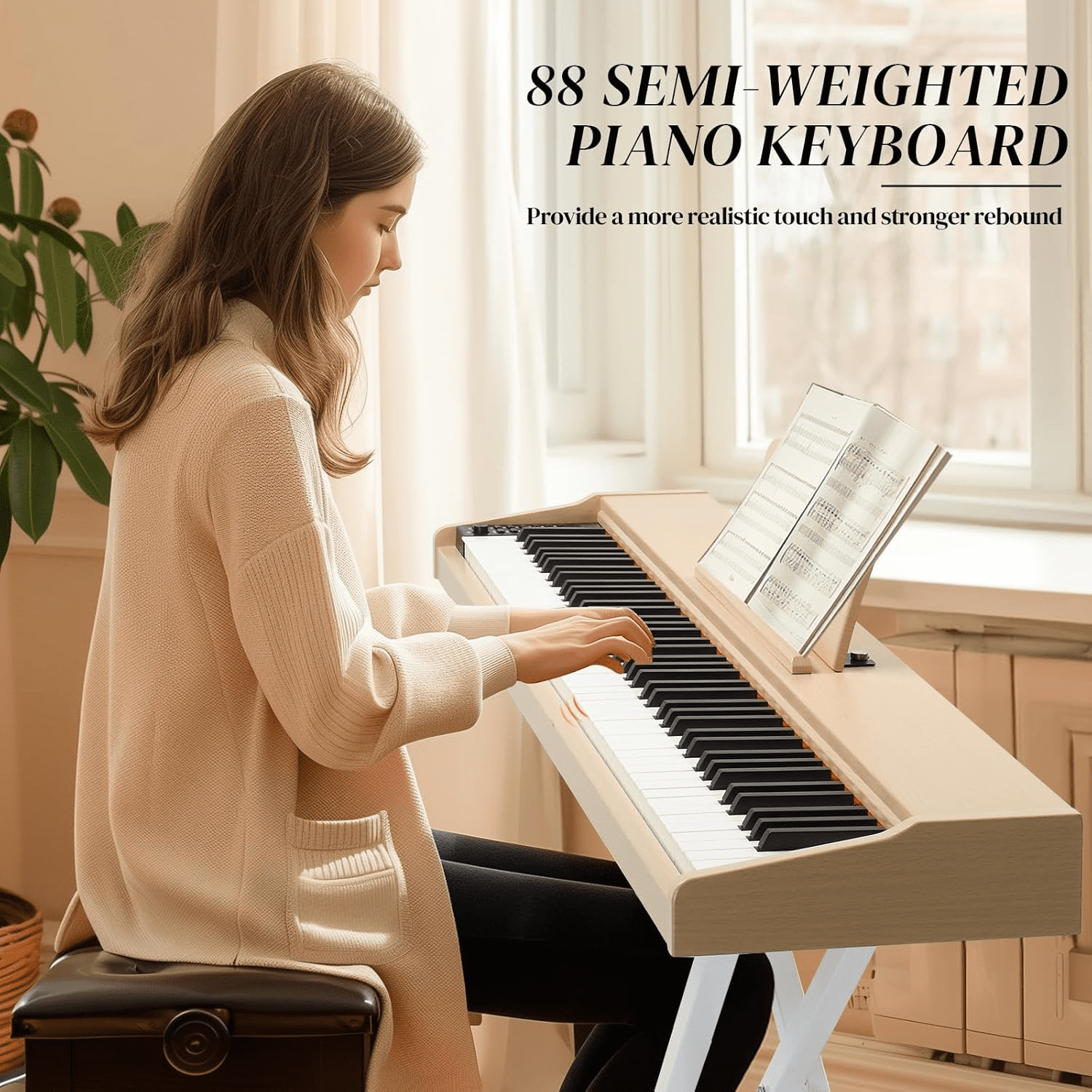 Hassch 8 Key Digital Piano with Stand, Full Size Semi-Weighted Keyboard with MIDI Bluetooth, Triple Pedals, Headphone and Other Accessories, Teak Color