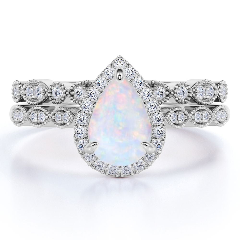 JeenMata Vintage 1.5 Carat Pear Cut Opal & Diamond Wedding Ring Set in 10K White Gold
