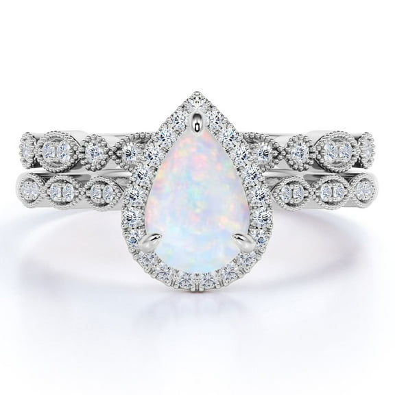 JeenMata Vintage 1.5 Carat Pear Cut Opal and Moissanite Wedding Ring Set in 18K White Gold over Silver