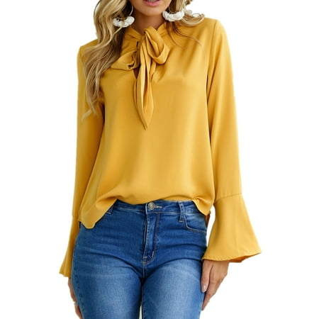 Short Sleeve Bow Tie - Womens Trumpet Sleeve Tie Bow Long Sleeved Solid Blouses