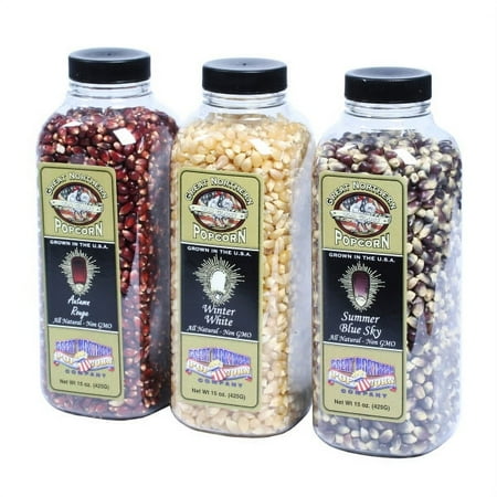 3-Pack of Gourmet Popcorn Kernels - 15-Ounce Jars of Old Glory Red, White, and Blue Low-Hull Popcorn Kernels Variety Packs by Great Northern Popcorn