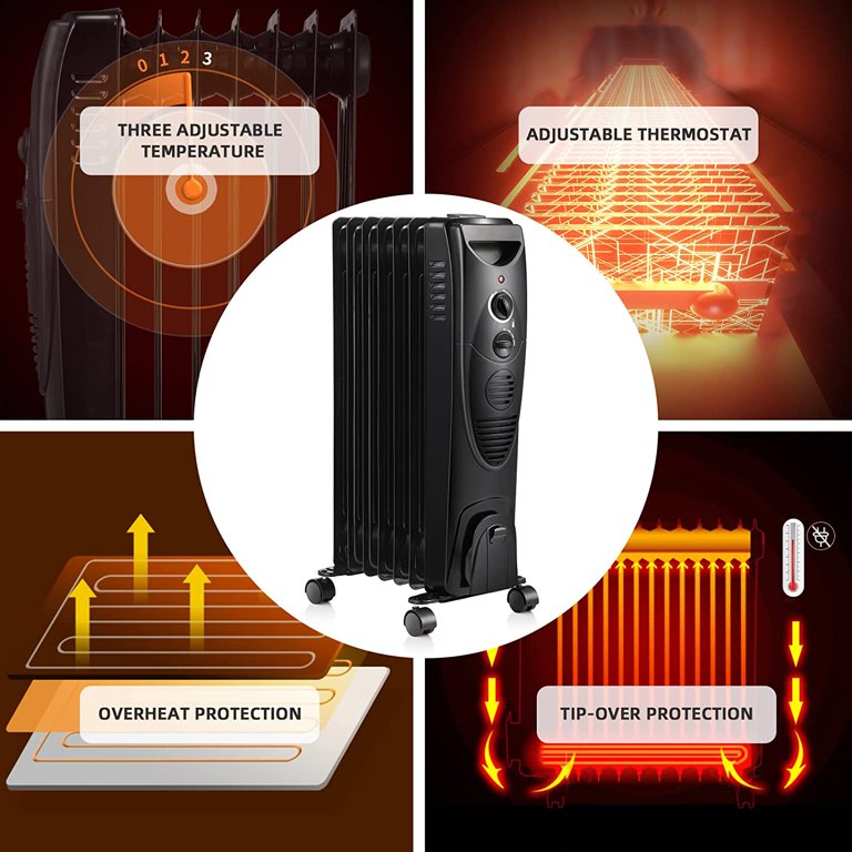 1500W Oil Filled Radiator Heater, Portable Electric Heater with 3 Heat  Settings, Adjustable Thermostat, Overheat u0026 Tip-Over Protection, Oil  Heaters for indoor use (Black) - Walmart.com