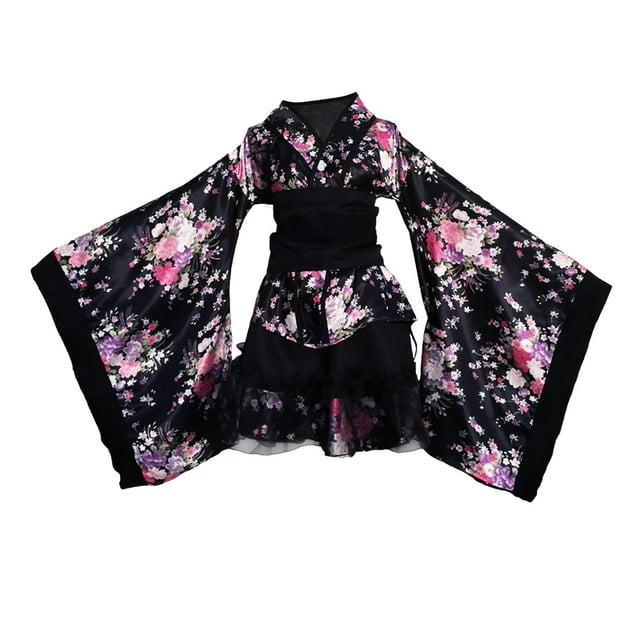 lionlar Japanese Floral Short Kimono Robe Blossom Bathrobe Cosplay Fancy Dress for Theme XL