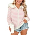 thumbnail image 2 of Acaics Girls' Striped Waffle Knit Zip Up Hoodie: Faux Fur Trim Hood Casual Knit Jacket for Teens Ages 7–15, 2 of 8