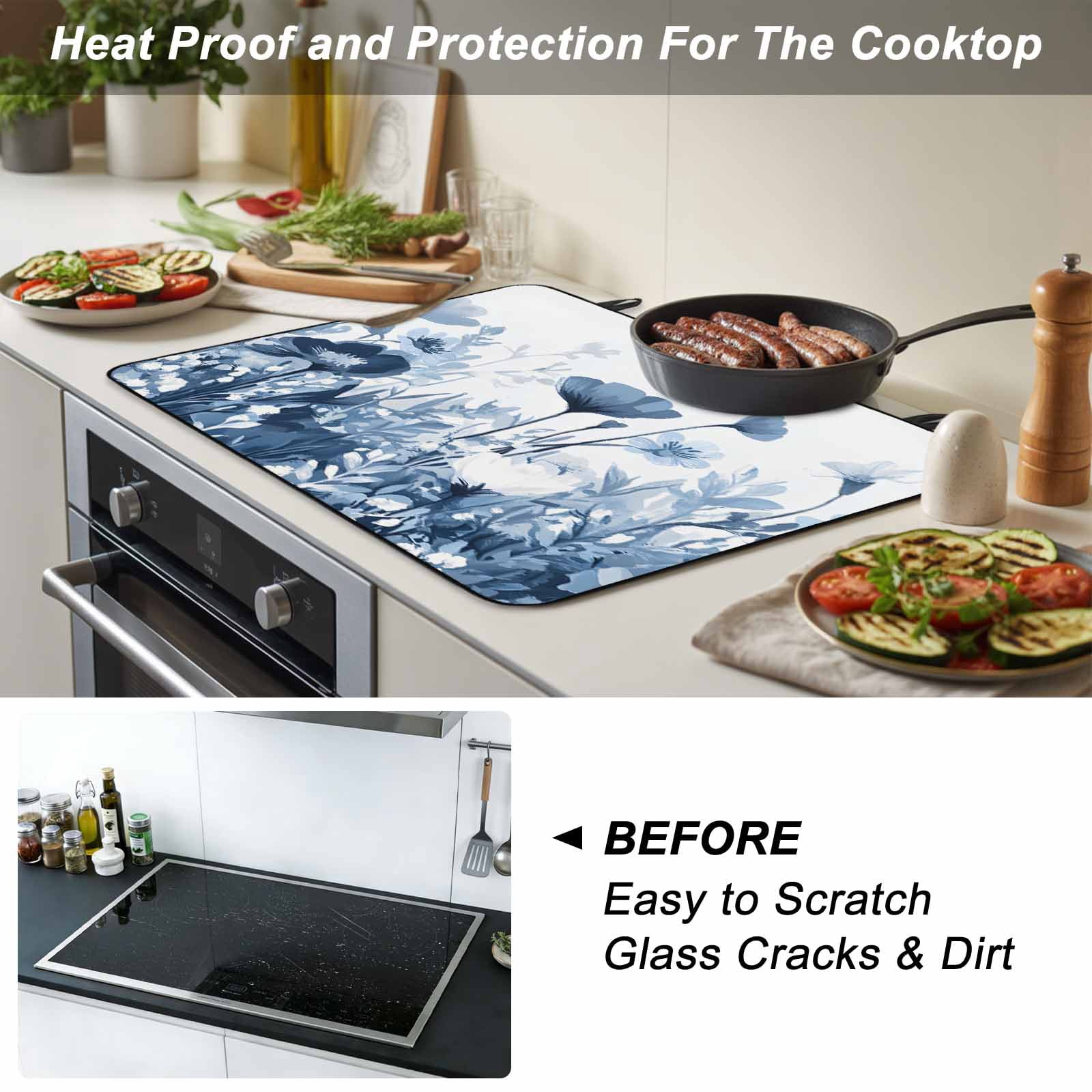 Navy Blue Flowers Stove Top Cover for Electric Stove, Heat-proof & Non Slip Glass Top Stove Cover Protector, Summer Pastoral Botanical Kitchen Flat Cooktop Rubber Mat 24x21 Inches