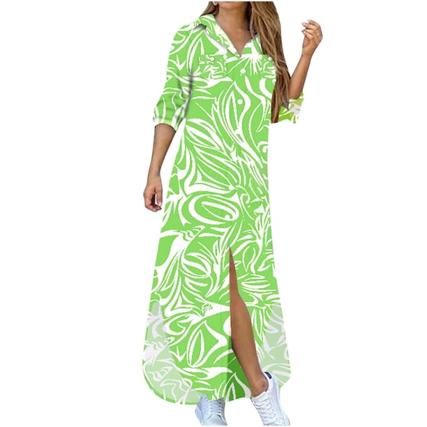 Vestido largo dividido de camisa de manga larga de un solo pecho con botón estampado de solapa informal para mujer Pompotops hdfakjf9577