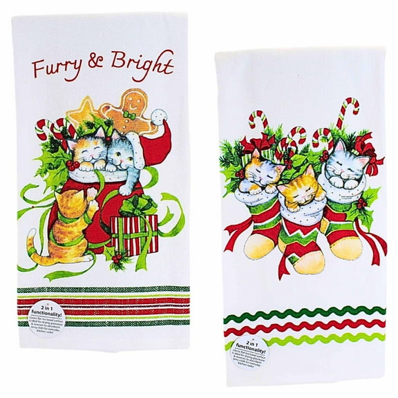 Kay Dee Designs 26.00In Meowy Christmas Kitchen Towel Set, Cotton, Christmas Stocking Cat Santa Bag H7010/H7013
