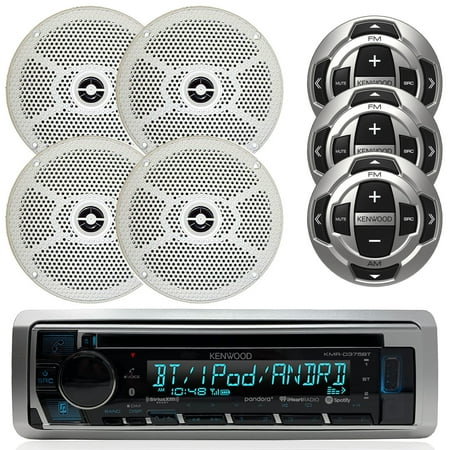 Kenwood Marine In-Dash Single DIN CD Bluetooth USB AUX Receiver, 4x 6.5" 2-Way Round Water Resistant 100 Watt Speakers - White, 3x Kenwood Wired Remote