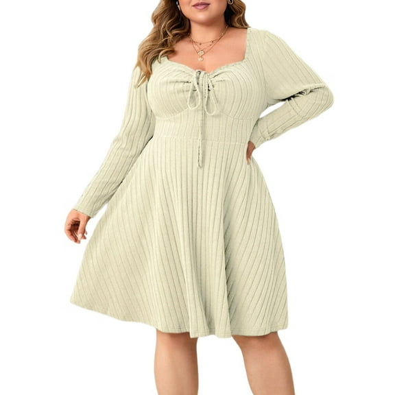 Womens Casual Plus Size Square Neck Long Sleeve Ribbed Swing Dress  XL