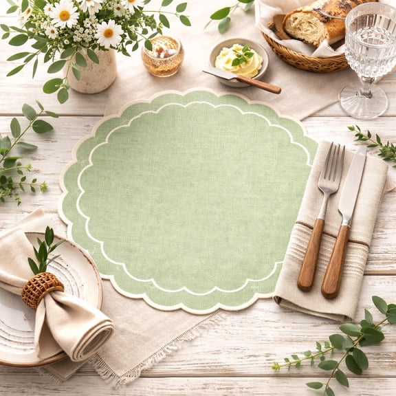 Fennco Styles Sage Green Round Placemats Set of 4 – 15" Scalloped Edge Woven Table Mats, Moder Decorative Dining Placemats for Kitchen & Everyday Use