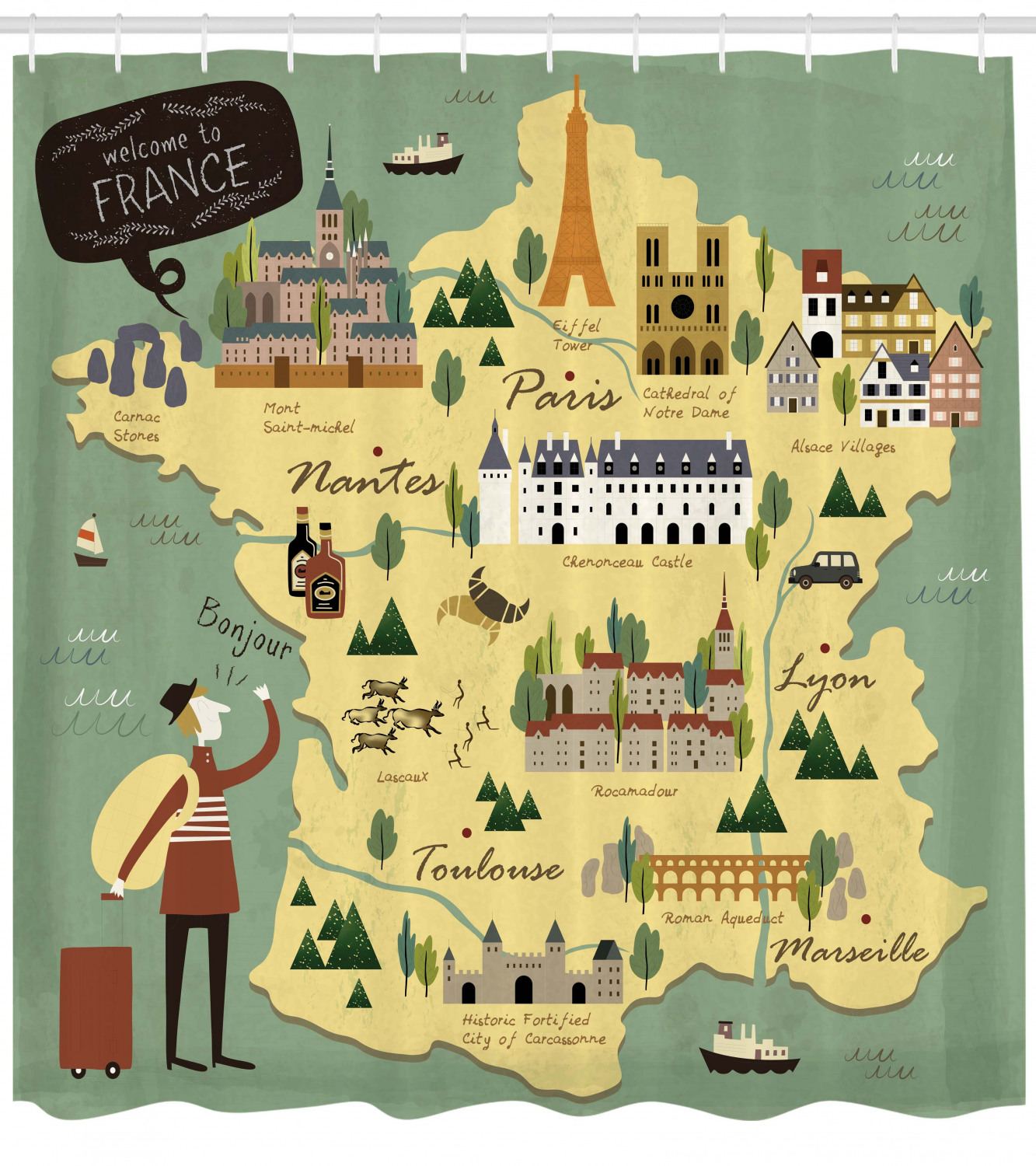 france shower curtain travelling themed french map with